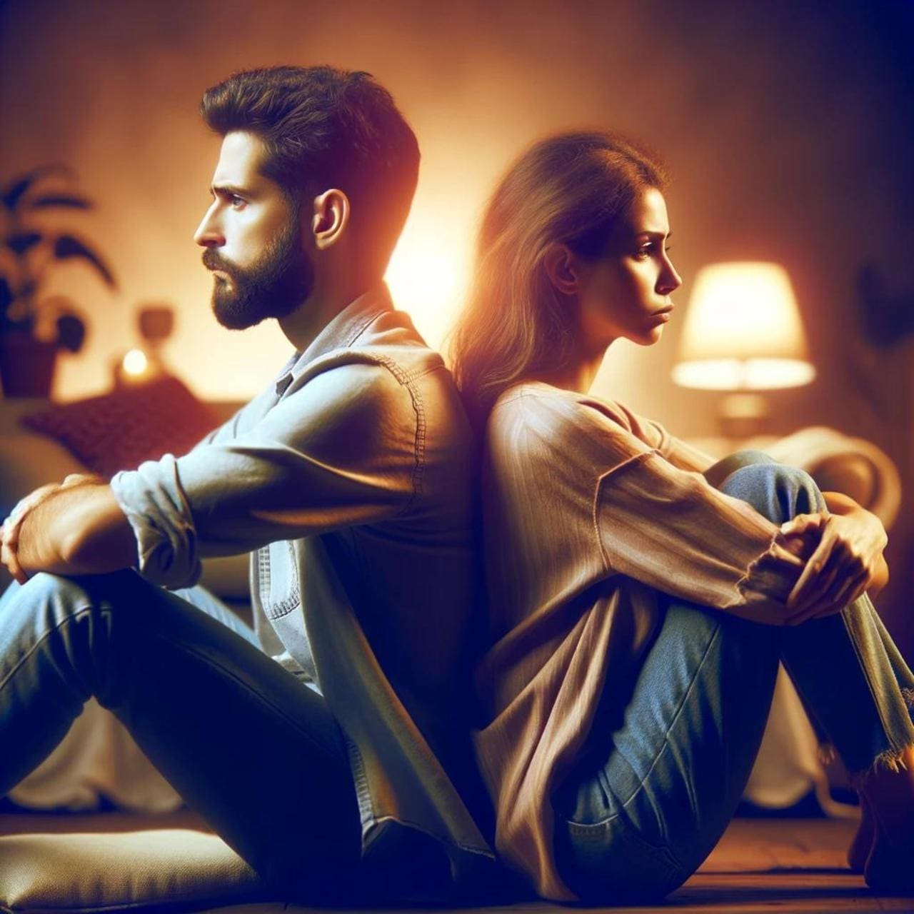 An image showing two people sitting back to back, conveying a sense of struggle and emotional depth in their relationship. The soft, warm colors and cozy atmosphere emphasize the importance of understanding and emotional support even in difficult times. This image captures the complexities relating to how to deal with a narcissist.