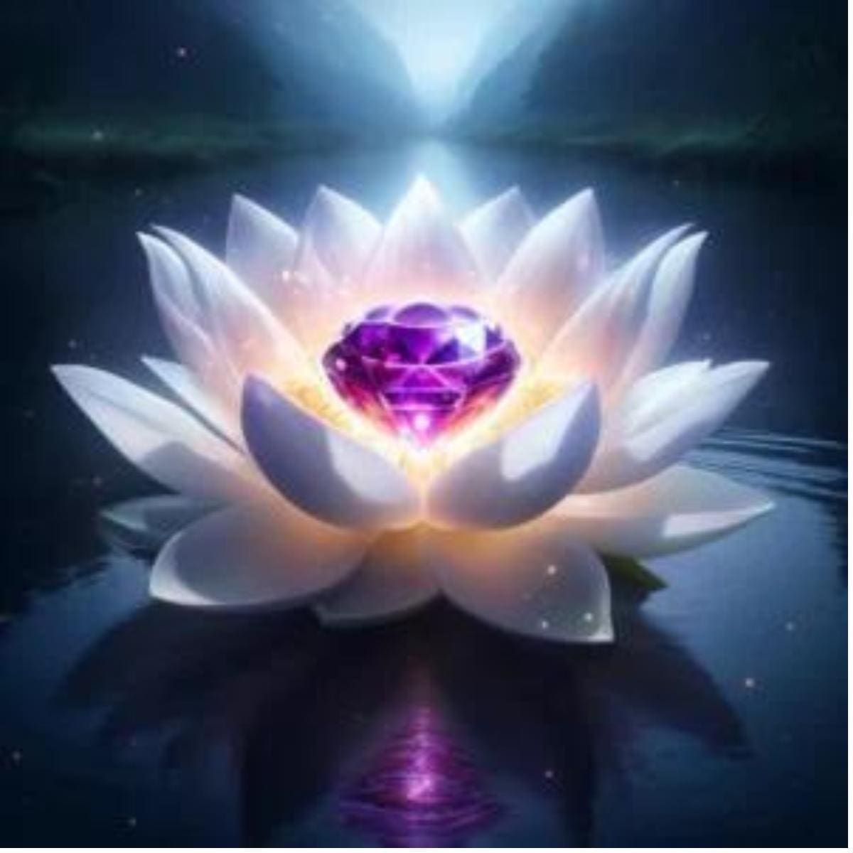 White lotus flower floating in tranquil pond under the moonlight with an illuminated and glistening amethyst crystal at center