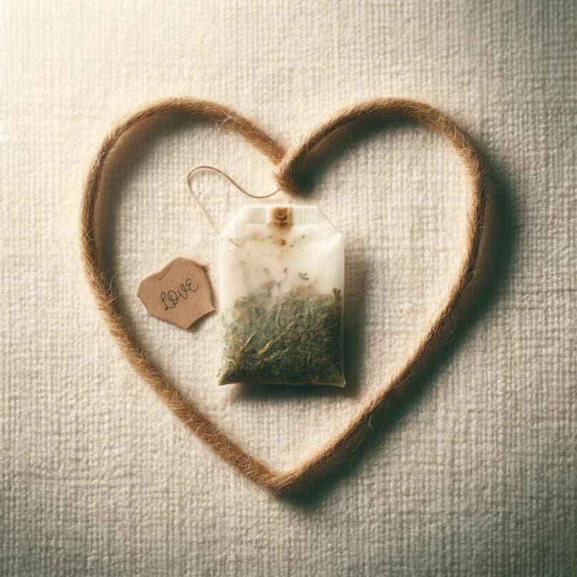 Twine heart surrounding a dry herbal tea bag with a small scrap of brown paper next to it that reads "love."