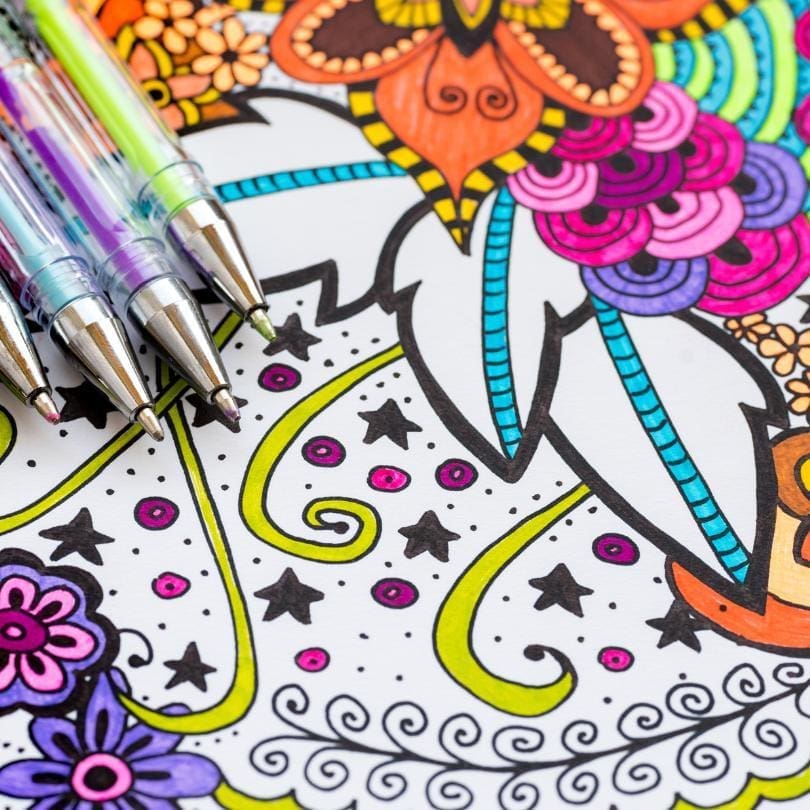 A bold colored example of an intricate coloring page.