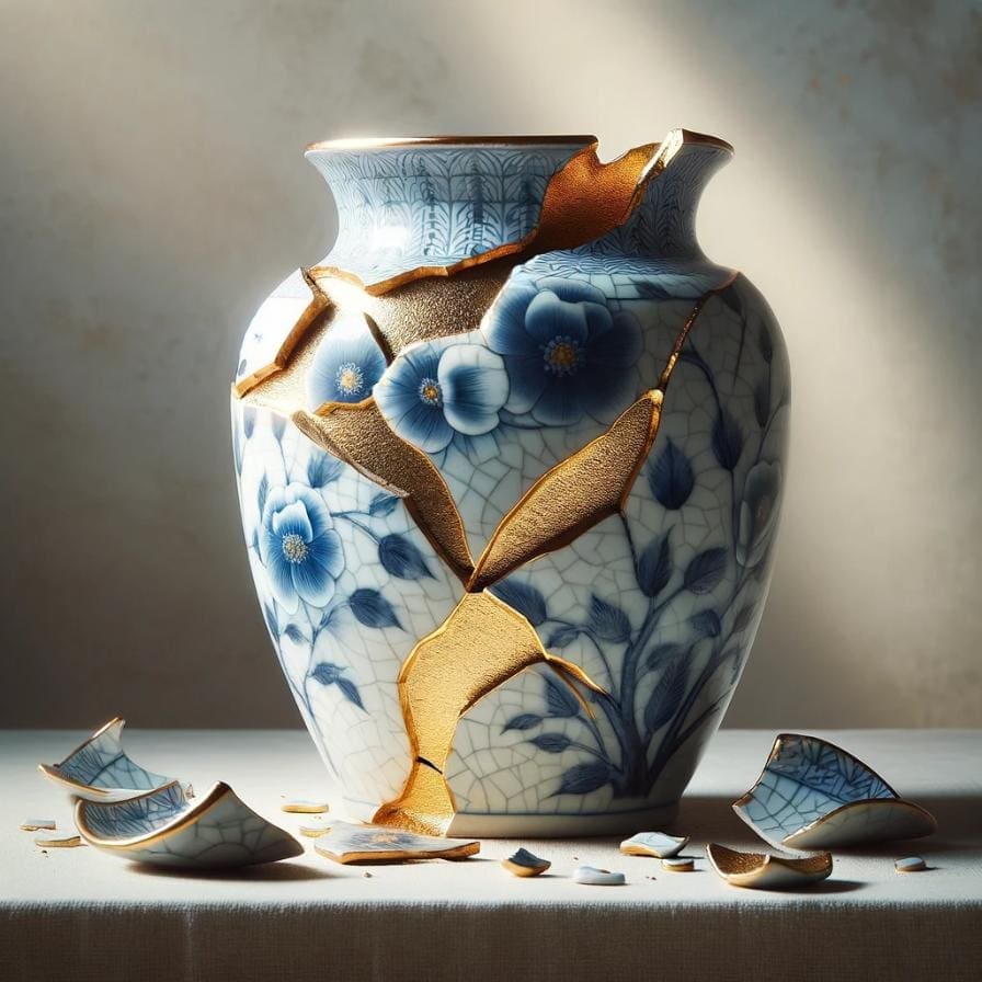 An AI image of a blue and white floral vase with heavy and deep cracks filled with gold.