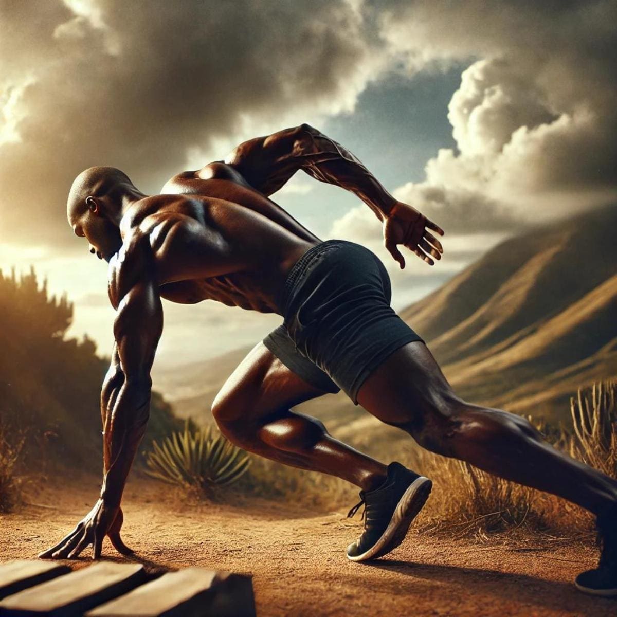 Muscular, fit African American male getting ready to start a running race in the foothills