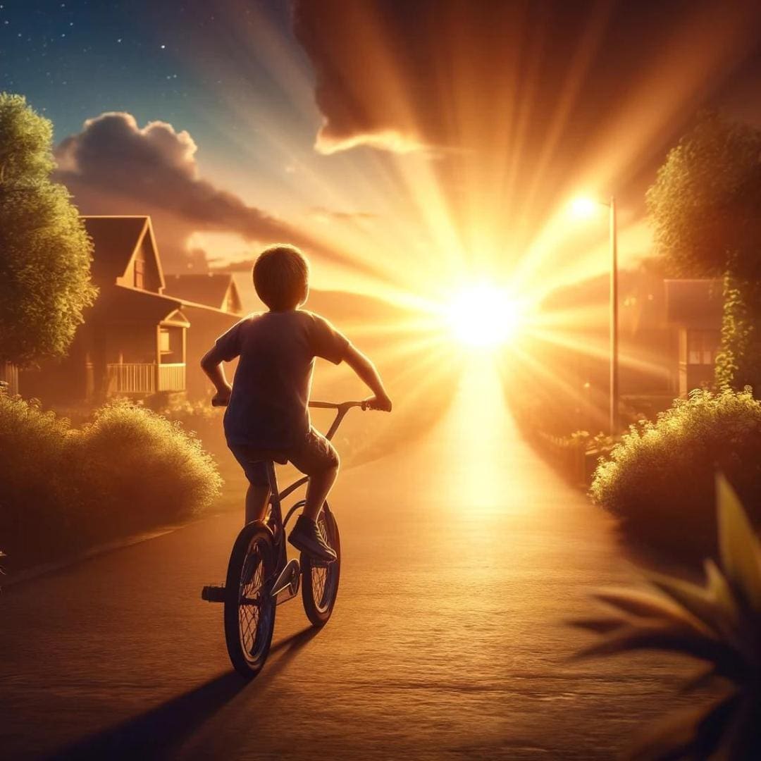 Young boy riding his bike into the sunset