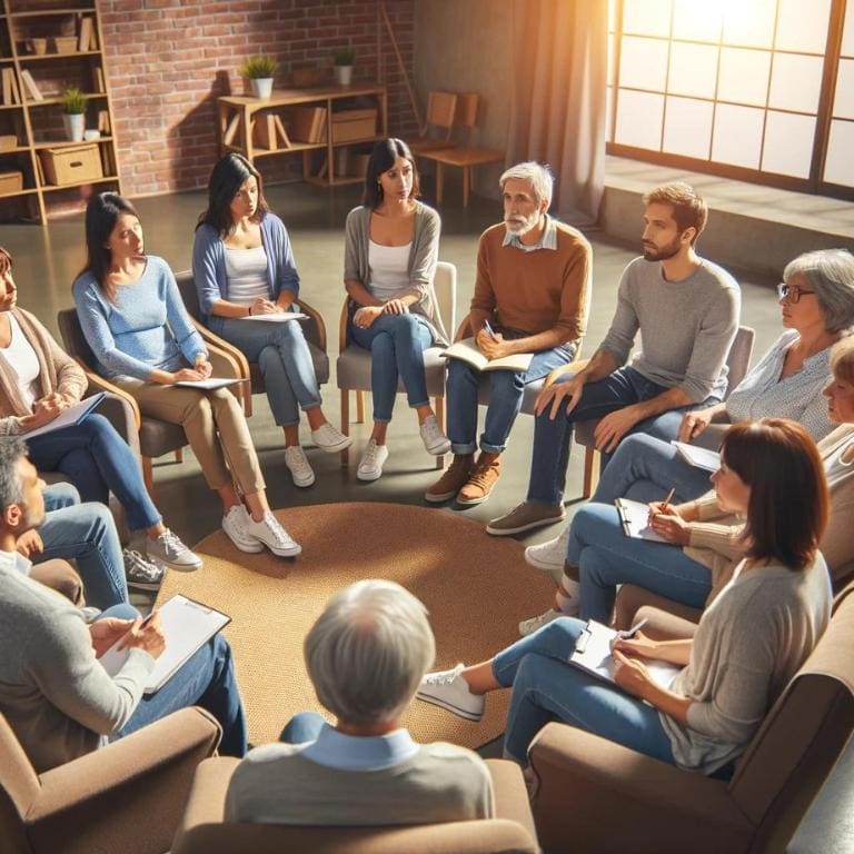 AI generated image of people sitting in a circle in a support group underscoring how important it can be to talk to someone.