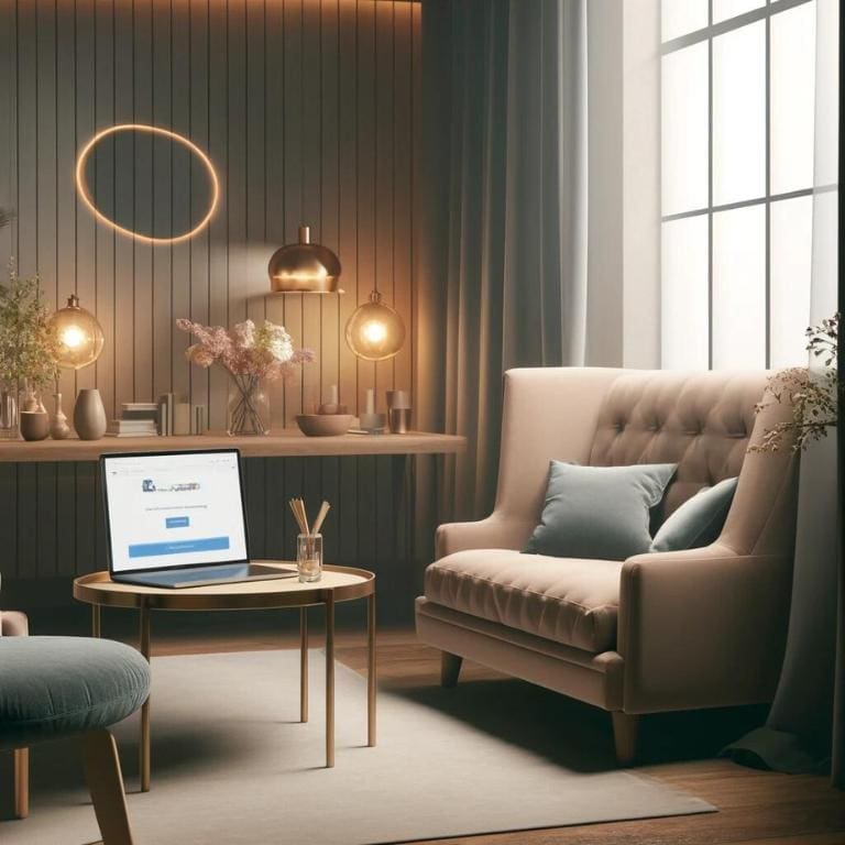 An AI generated image of a serene room with a loveseat and little chair. There is a computer open on the table representing online therapy for when you need to talk to someone in the convenience of your home or office.