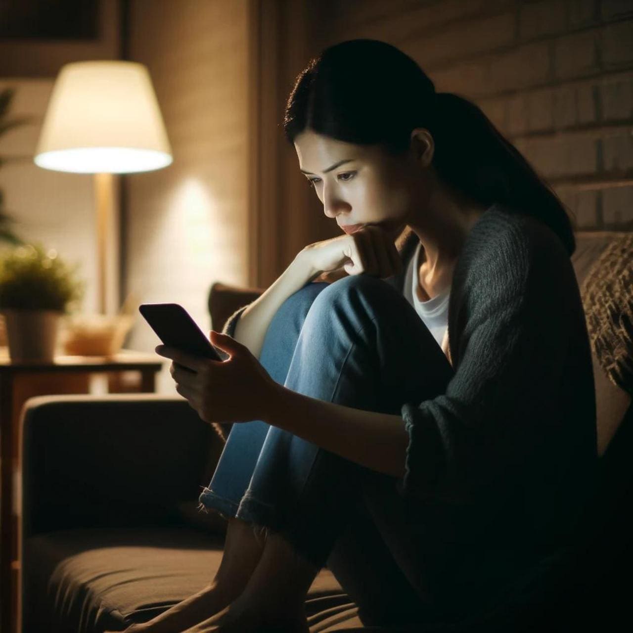 An AI image of a woman in a dimly lit room staring at her phone contemplating if she should reach out and talk to someone.