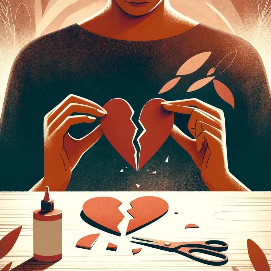 An artistic AI generated image of a woman gluing a heart she cut back together. It symbolizes the growth of the author and her journey to answer what does it mean to love someone.