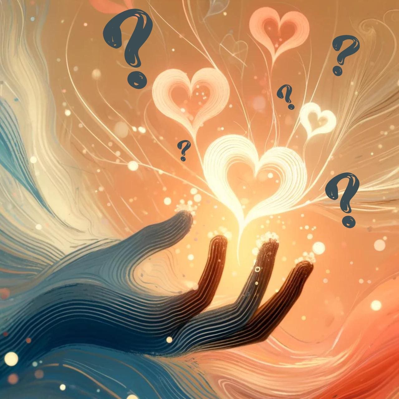 An AI generated image with a hand with hearts and question marks coming our of it, symbolizing the question what does it mean to love someone. Captures the themes of love, connection, and emotional depth with soft, warm colors and abstract elements.