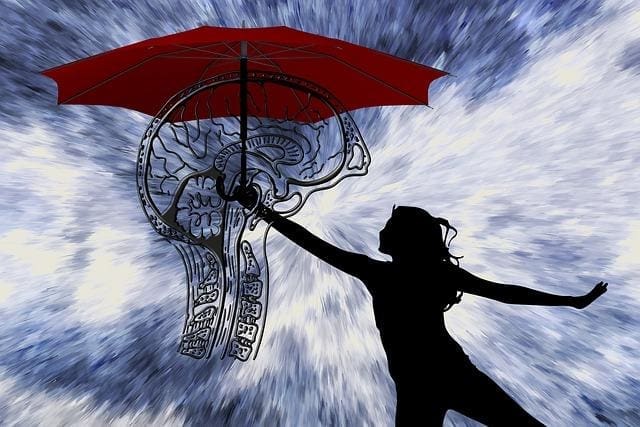 A woman holding a red umbrella over a sketch of a brain and spinal cord amidst a stormy background.