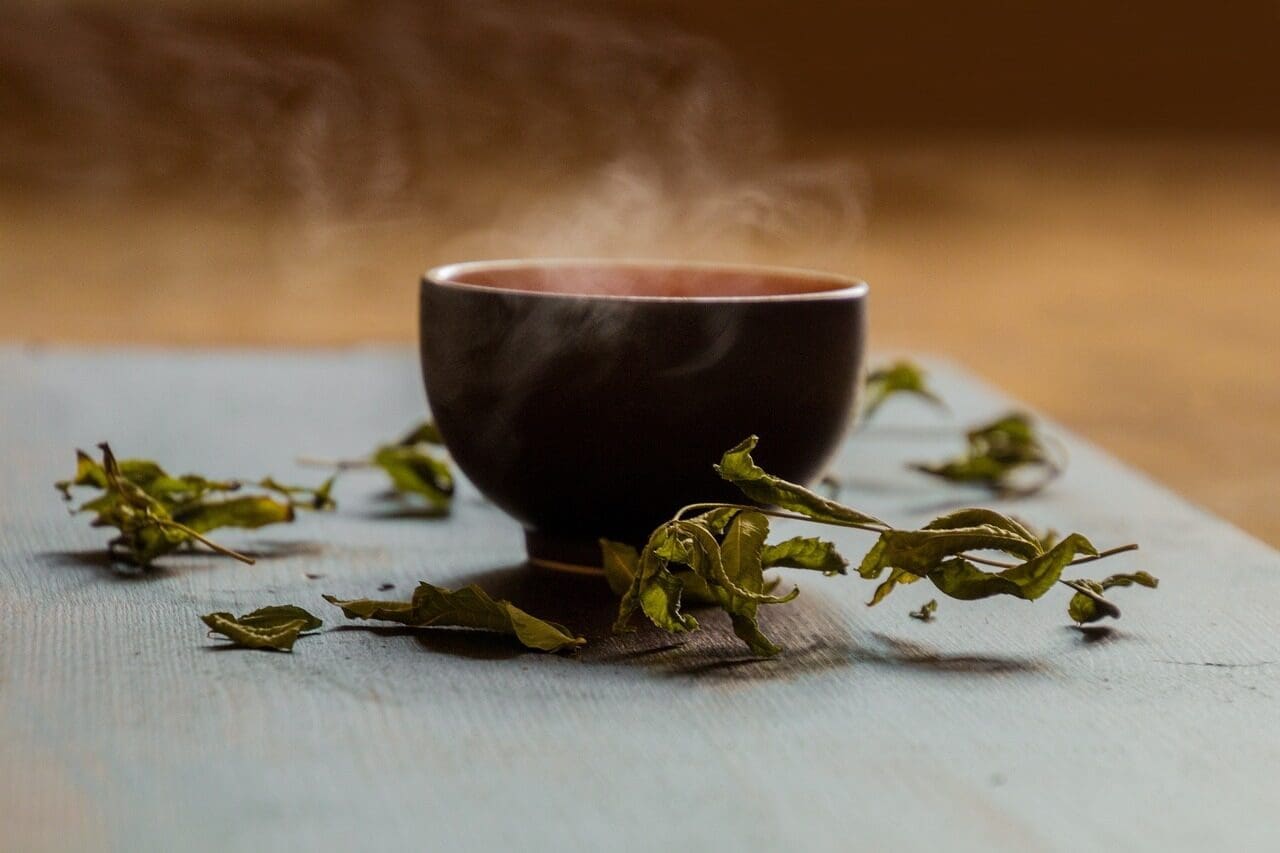 Traditional cup of steaming herbal tea with dried herbs around it. 