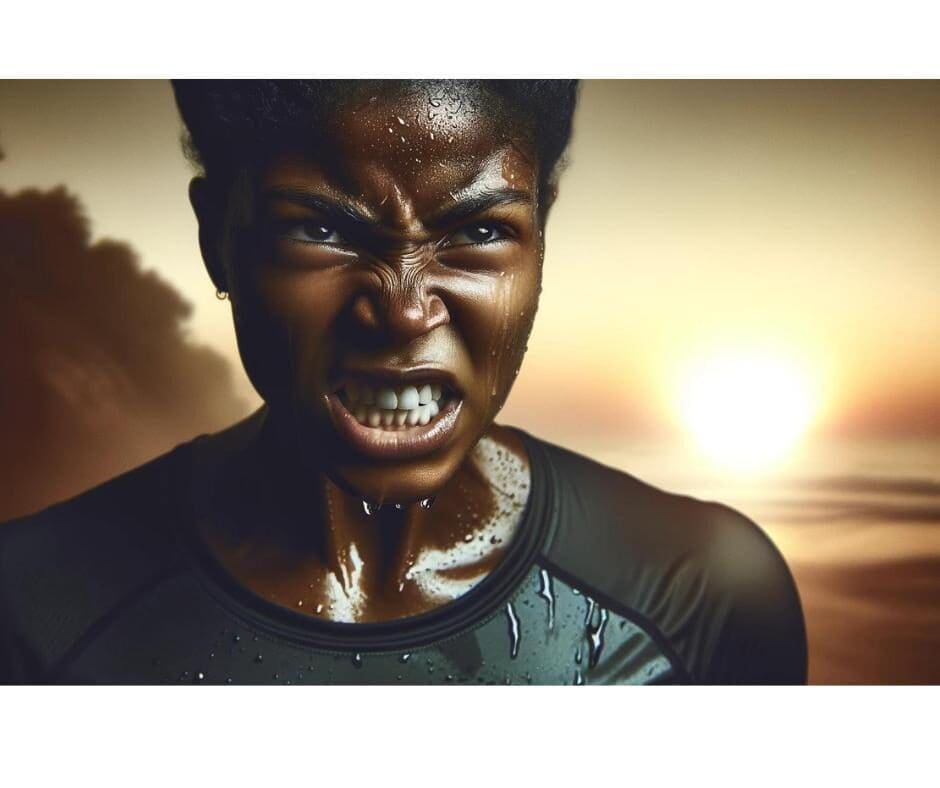 AI image of an African American woman sweating and gritting her teeth. 