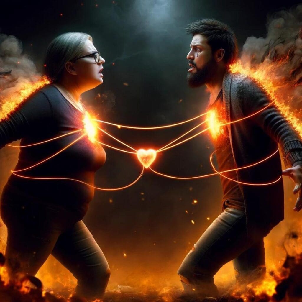 AI image of couple with both of their hearts on fire, and connected by a burning thread to a shared burning heart between them depicting unhealthy soul ties. 