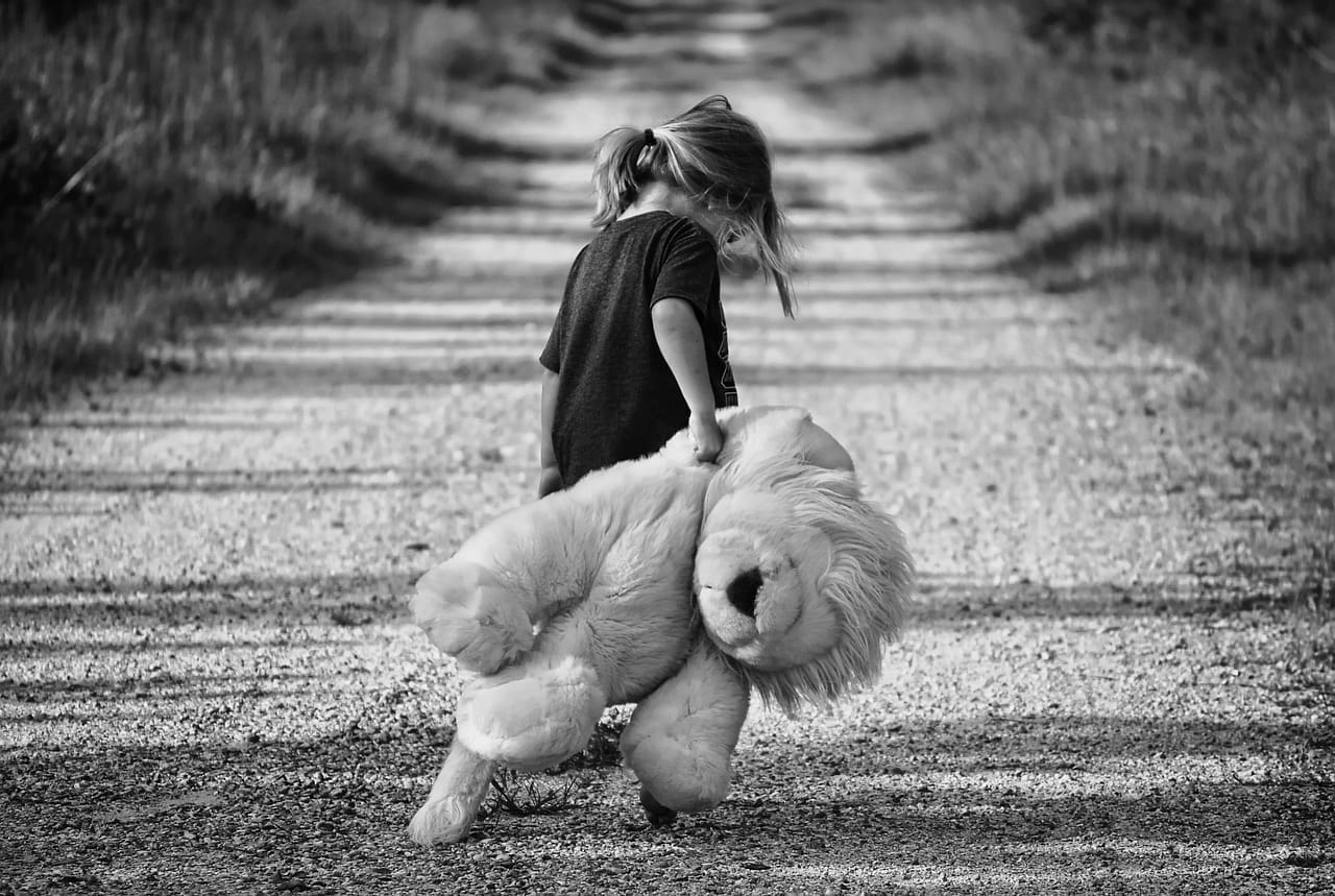 Image by lisa runnels from Pixabay. Black and white image of a young girl walking away down a gravel path dragging a stuffed lion, depicting childhood trauma and resilience.