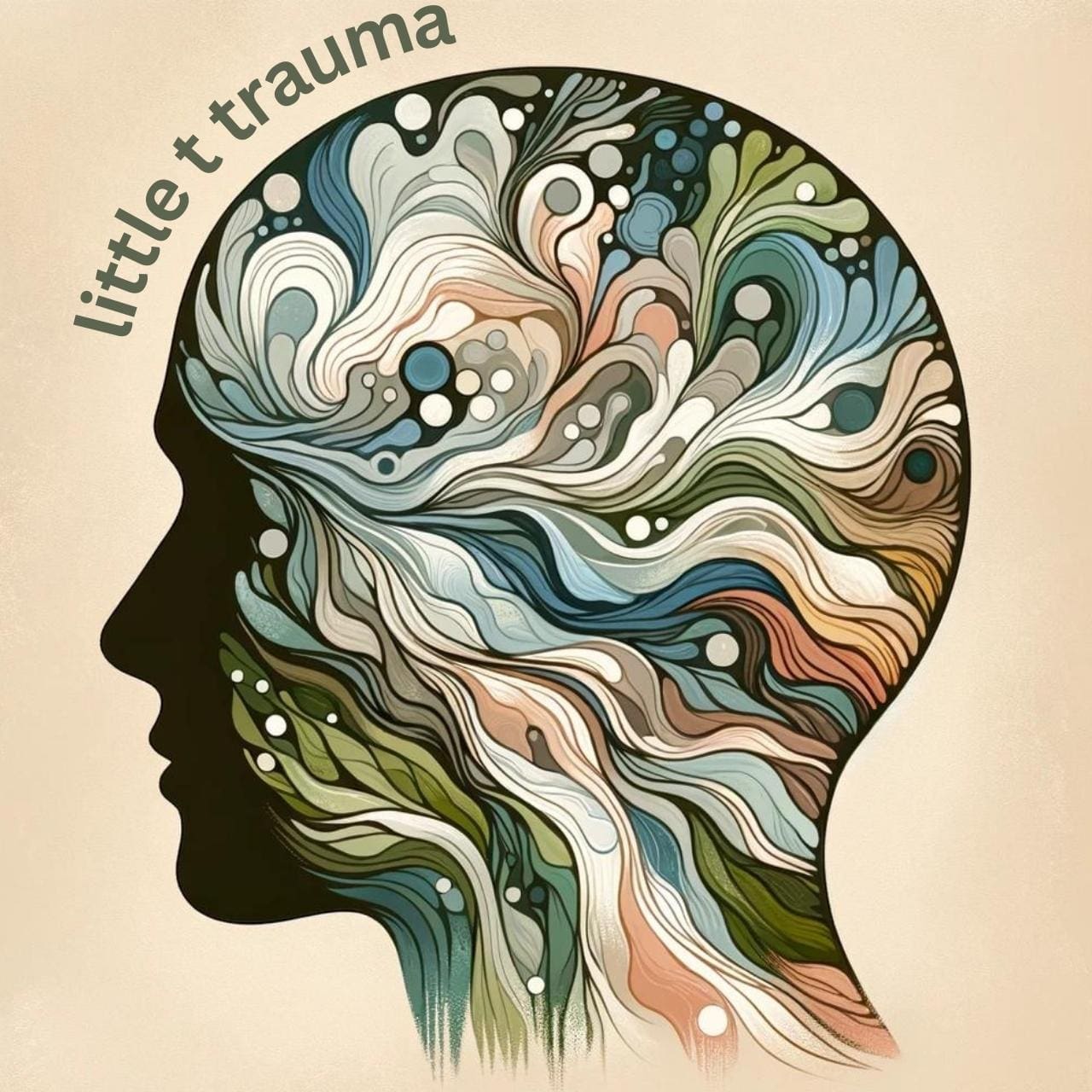 A human head filled with flowy pathways to represent are individual stories and the words little t trauma.