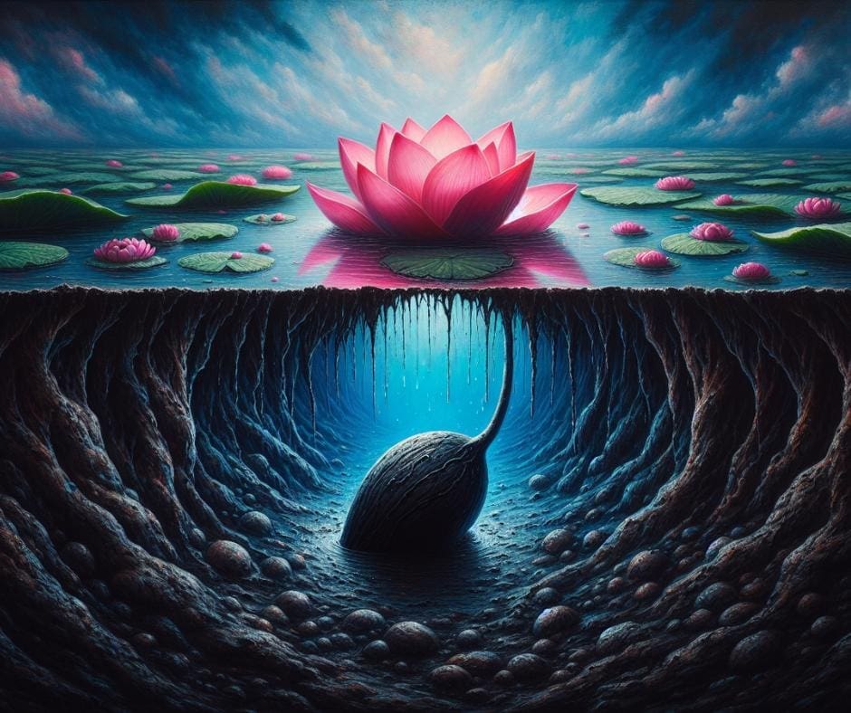 AI generated image of a beautiful pink lotus sitting atop calm waters, but connected to it's root and seed that lay in the dark murky waters below the surface