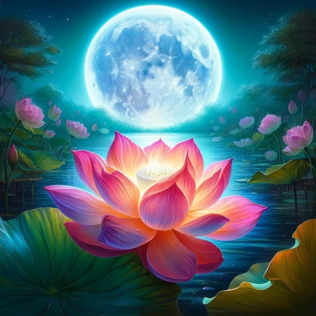 AI illustration of a bright pink lotus in a pond at night, glowing from the light of a giant moon behind it 