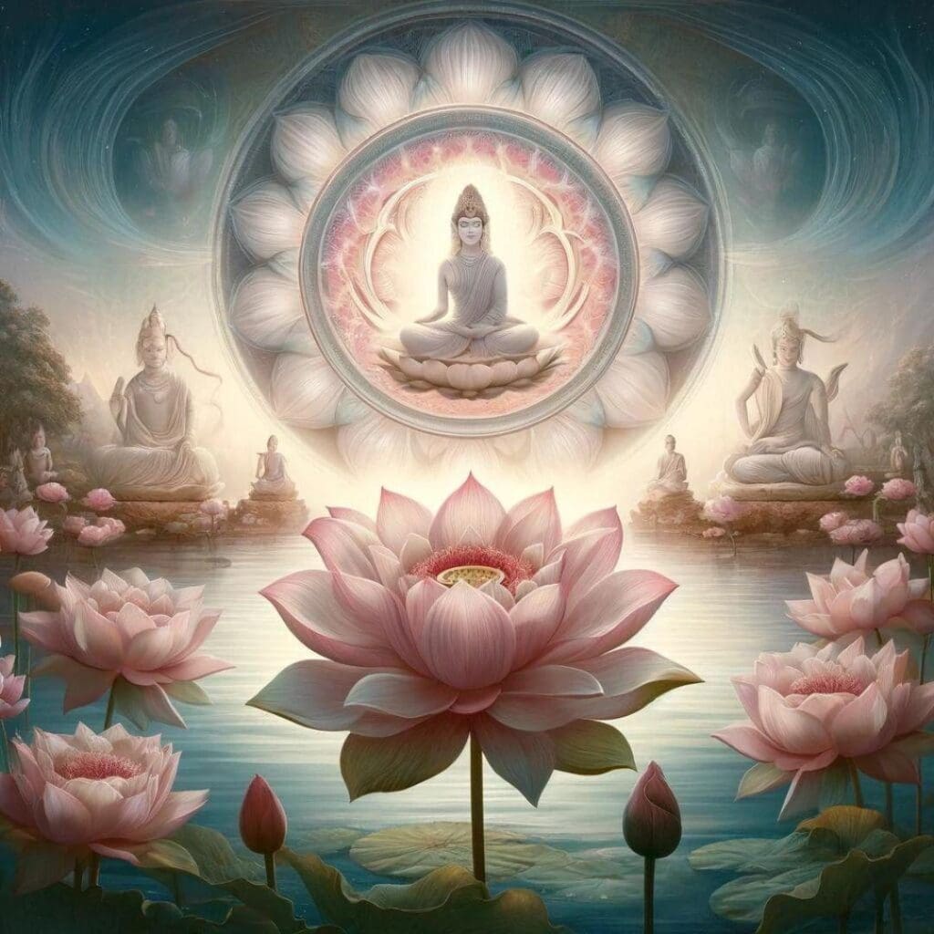 AI image of a serene pond with gorgeous pink lotus flowers in bloom all around, and a depiction of the Buddha illuminated inside a lotus flower in the sky with marble deity statues to the right and left. 