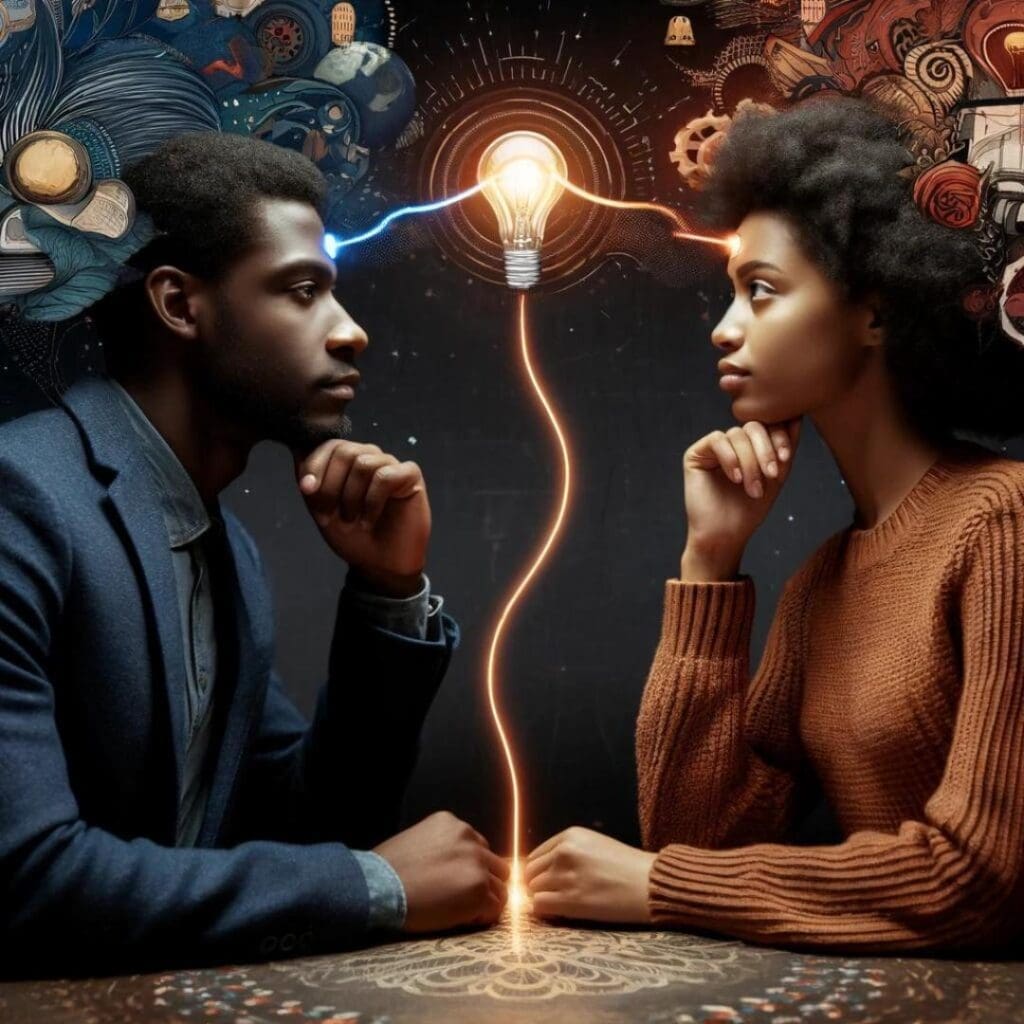 AI image of African American couple with illustrations of thoughts and feeling above their heads, their minds connected by glowing lights that lead to the same light bulb depicting the deep connection of mental soul ties. 