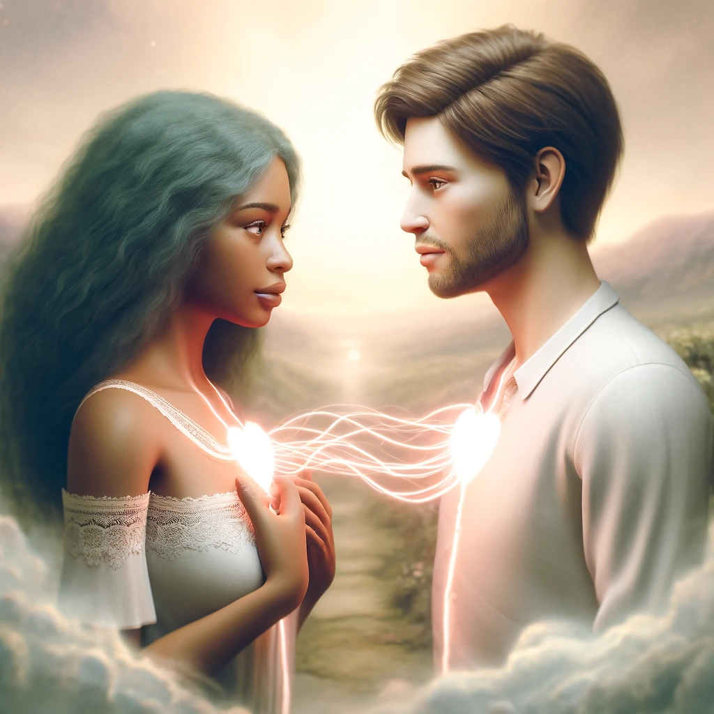 Ethereal image of man and woman with glowing hearts that are connected by illuminated "divine" thread representing soul ties