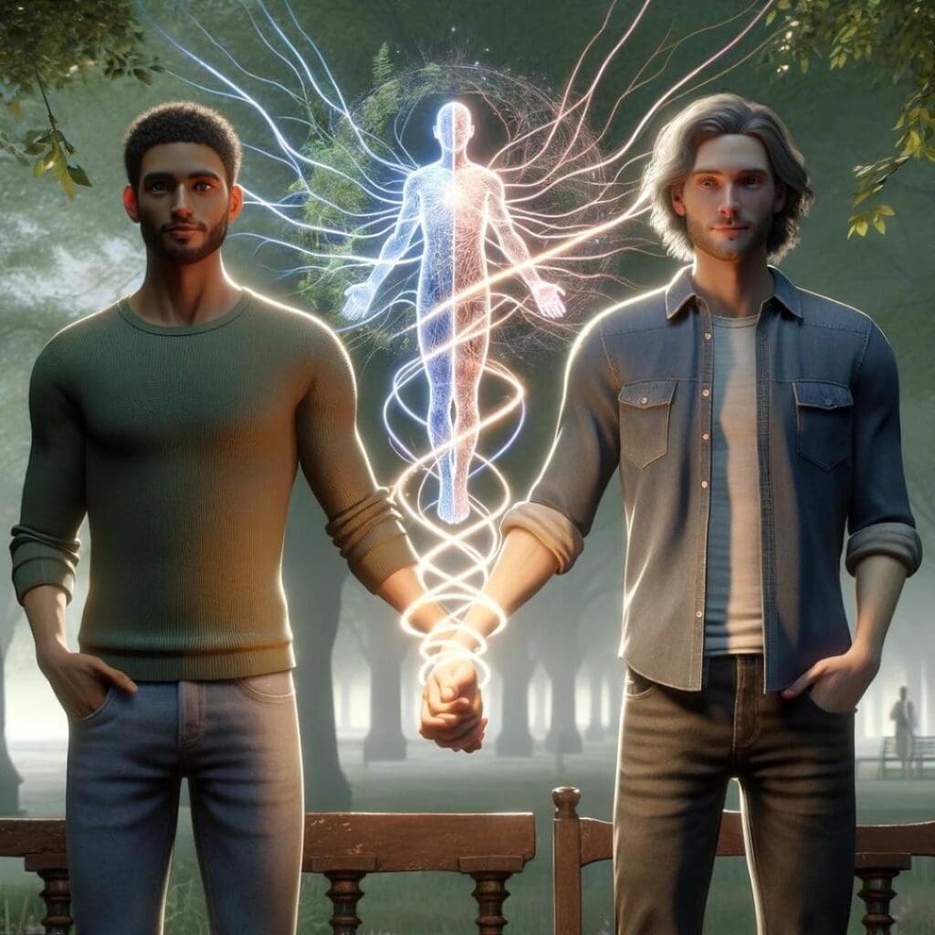 AI image of gay couple holding hands with white light wrapping around their arms moving up into a spiritual depiction of one person made of up two distinct halves, illustrating how soul ties often feel like the other person is the other half of their soul. 