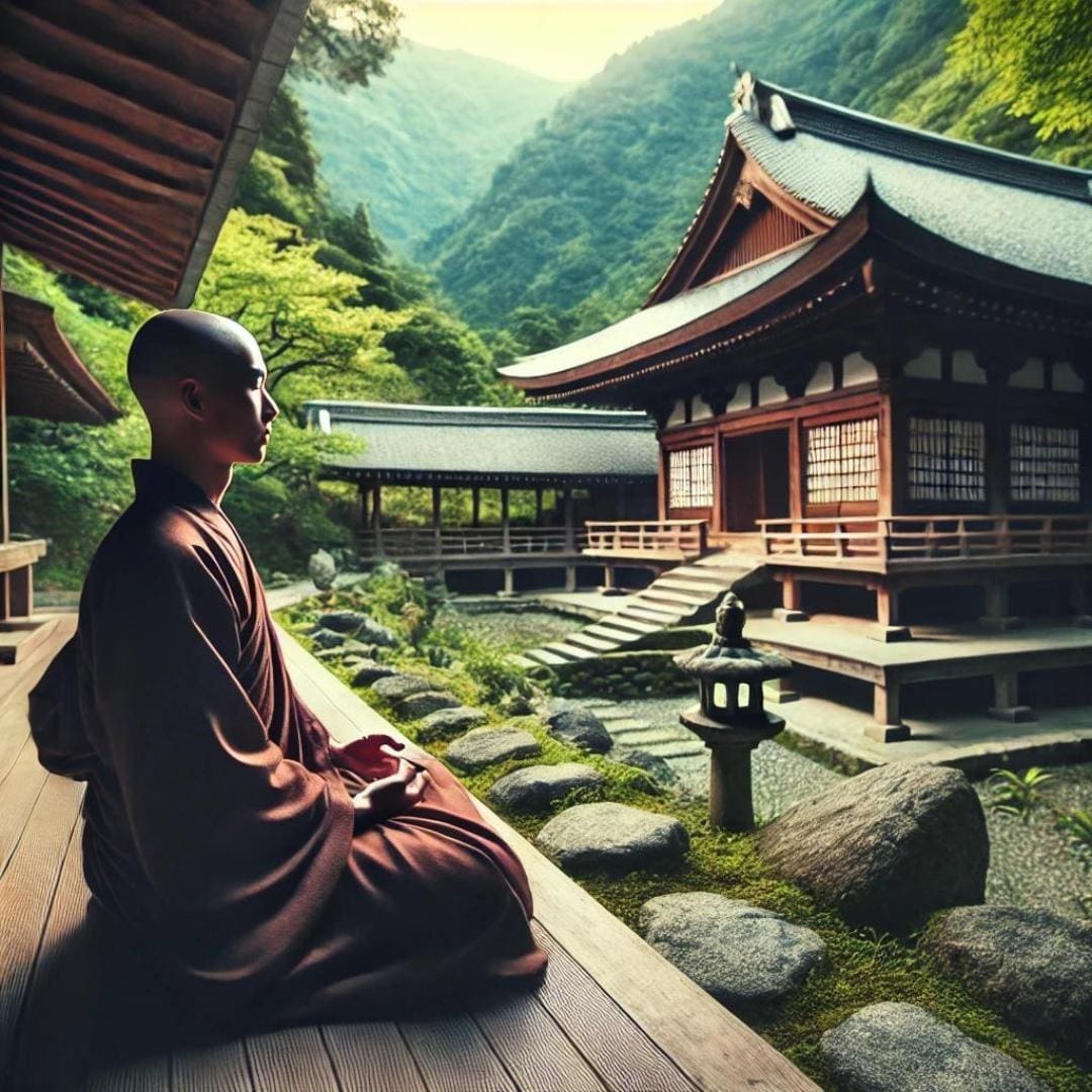 AI generated image of a traditional Zen monk meditating at a serene mountain monastery. The background showcases a beautiful mountain landscape with the monastery's wooden structures, stone paths, and lush greenery, 