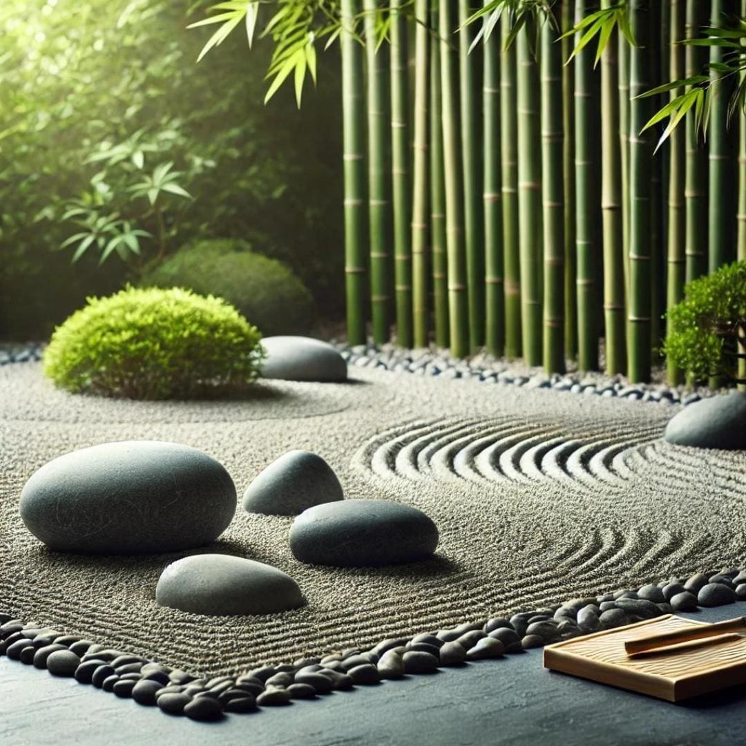 AI generated image of a perfectly groomed zen rock garden surrounded by bright green bamboo shoots and leaves. 