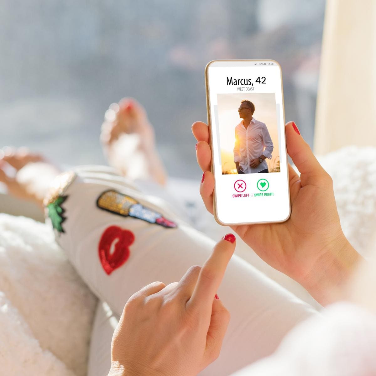 An image of a woman in some fun pajamas looking at a dating app showing what it is like for women dating in their 40s.