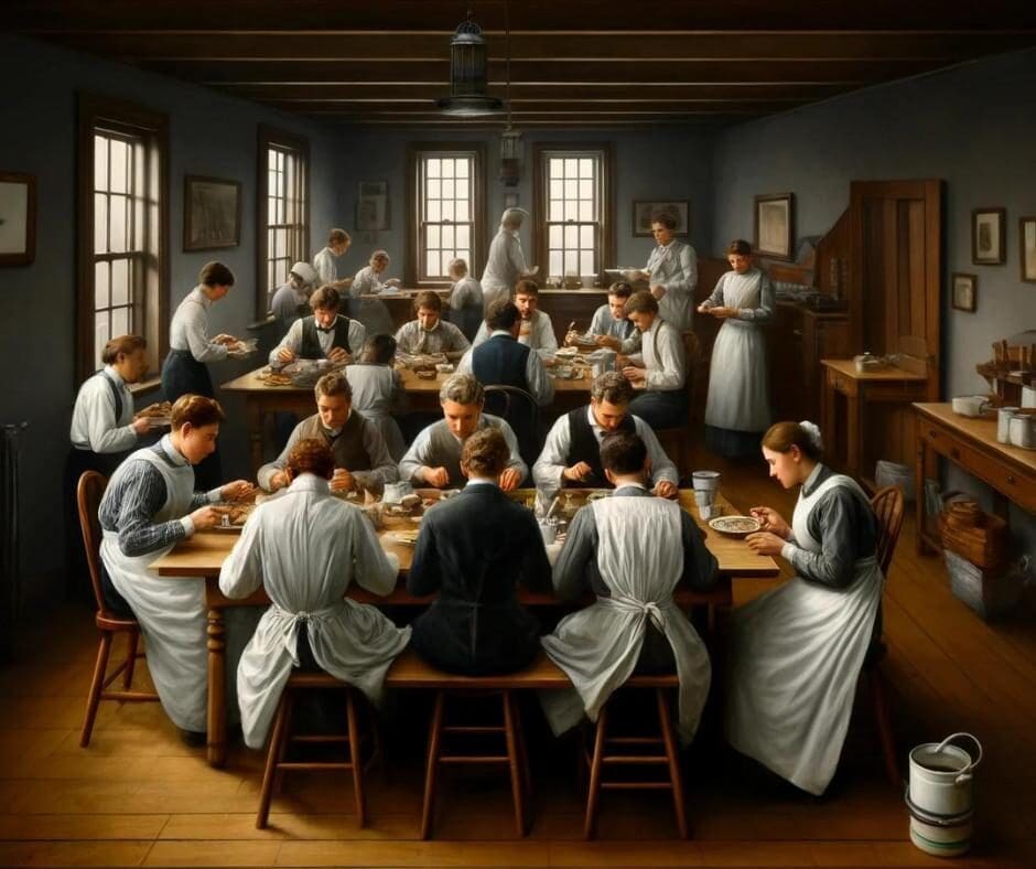 AI depiction of servants dining in the servants kitchen in a high-society house during the gilded era. 