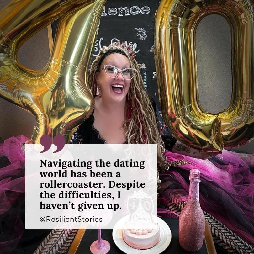 A quote from the author about dating in your 40s against the backdrop of one of her birthday shoot photos.