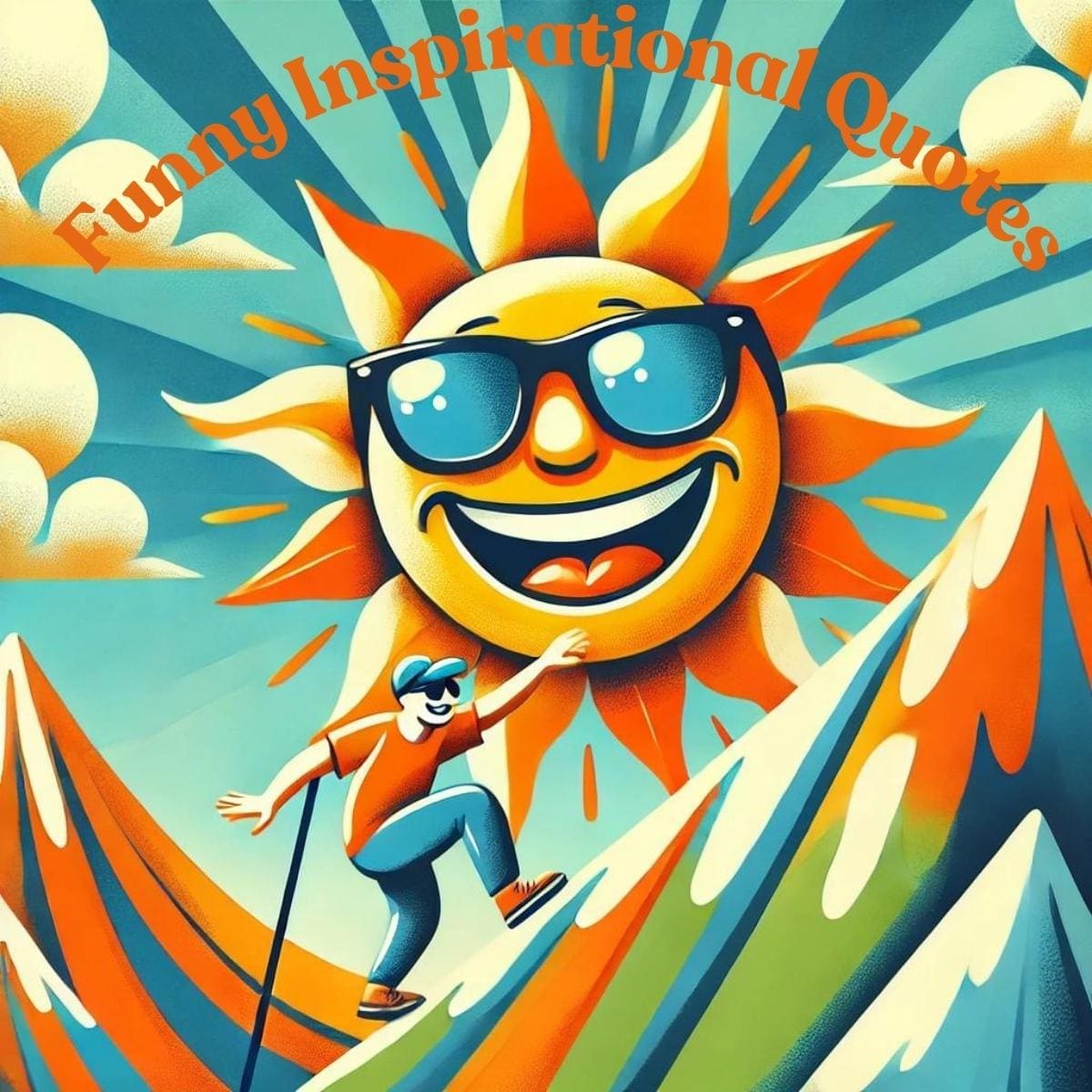 An AI generated image of a smiling sun with sunglasses on and a mountain climber scaling the peak with a smile on his face. The words funny inspirational quotes appear above the sun.