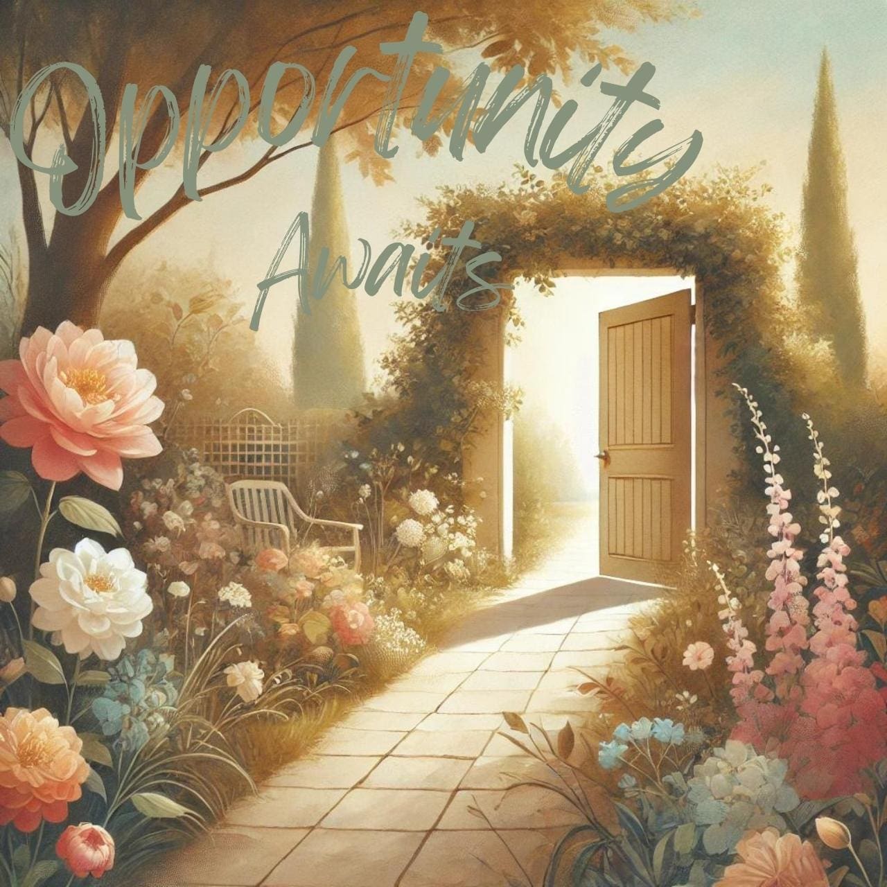 AI image of a serene garden path leading to a slightly ajar door, surrounded by blooming flowers and lush greenery. The natural color palette with warm earth tones and pastel hues creates a calm and inviting atmosphere, perfect for conveying the sense of new opportunities found in our opportunity quotes.