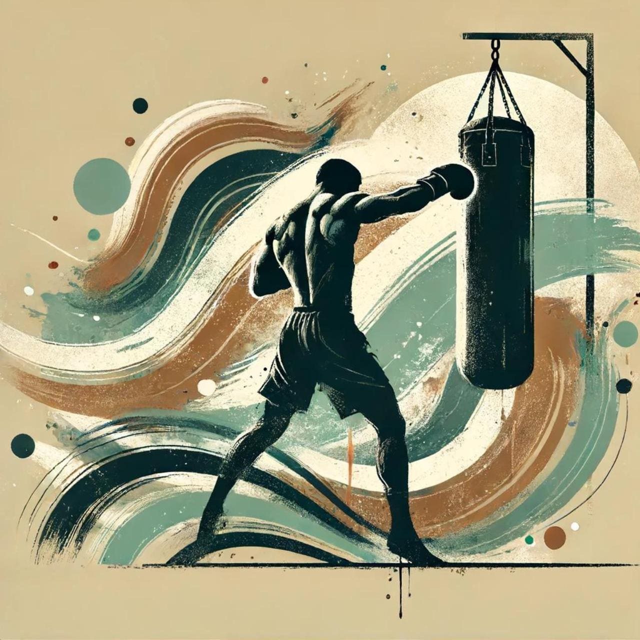 An AI image with figure warming up with a boxing bag, symbolizing strength, perseverance, and the impact of quotes that hit hard. The natural color palette and abstract elements add depth and energy to the scene, making it perfect for highlighting deep and inspirational message.