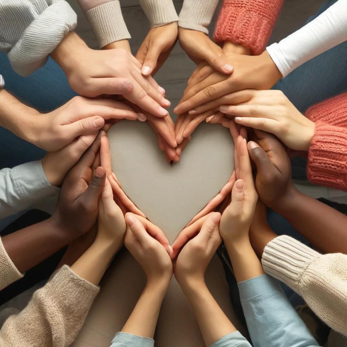 An AI generated image of a group of hands in the shape of a heart to represent healing in community.