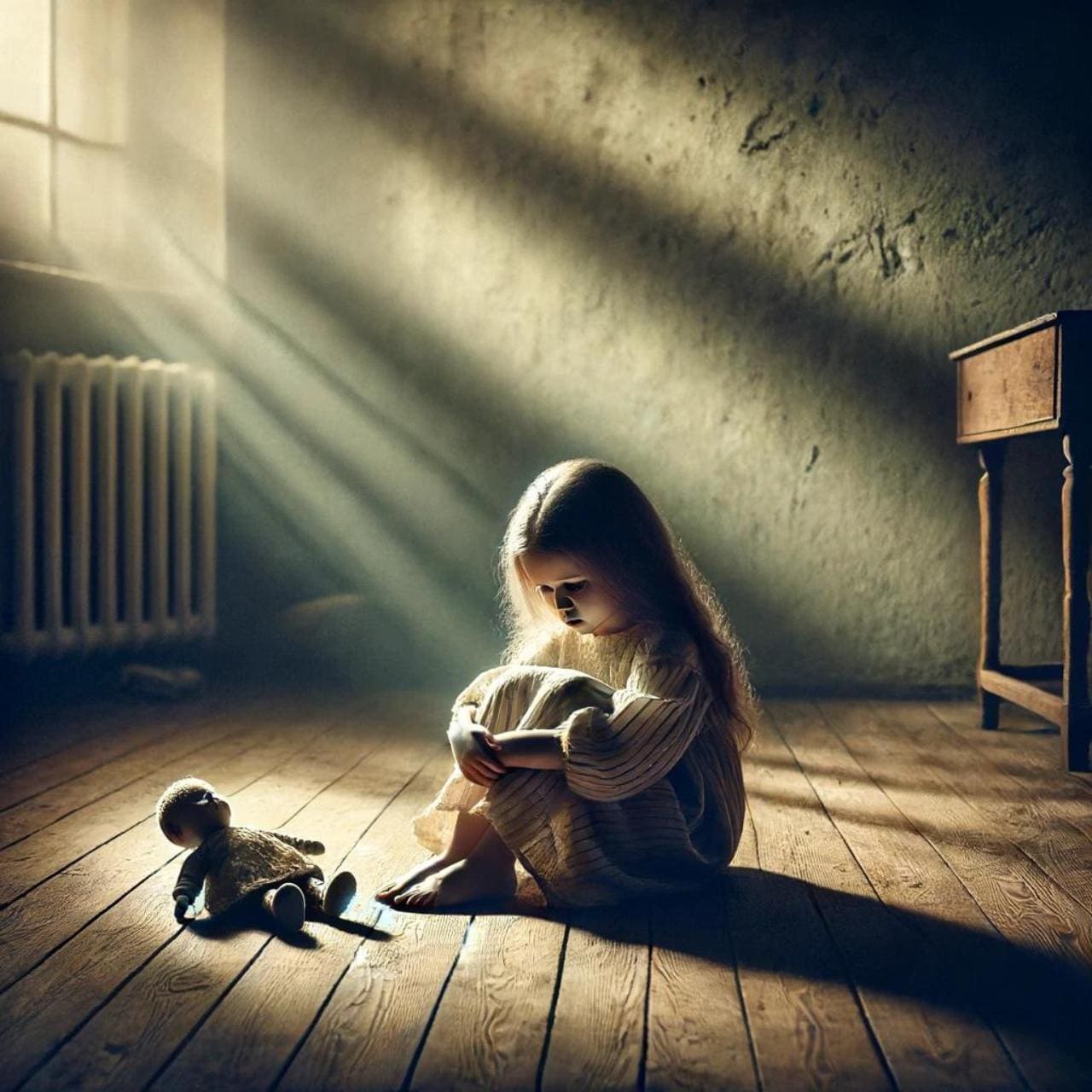 AI generated image that captures the emotional depth and themes of abandonment issues with a young girl sitting alone in a dimly lit, empty room. The light from the window and the presence of the worn doll add to the somber and reflective mood, highlighting the sense of loneliness and neglect.