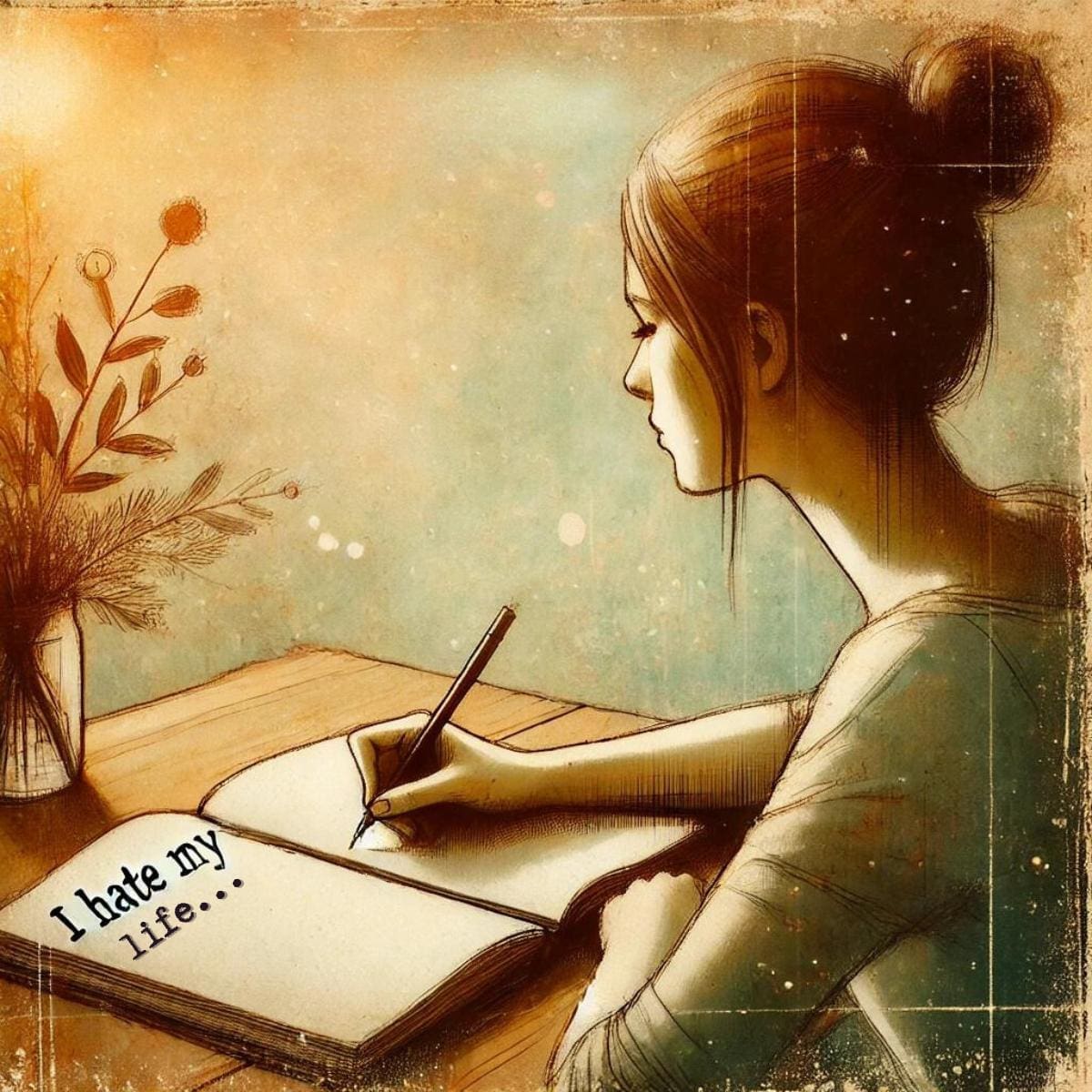 An AI generated artistic image captures a woman sitting at a desk, writing in a journal with the words "I hate my life..." visible at the top of the page. The warm, calming tones and soft background evoke introspection and hope, perfectly aligning with the themes of transformation and growth in the article.