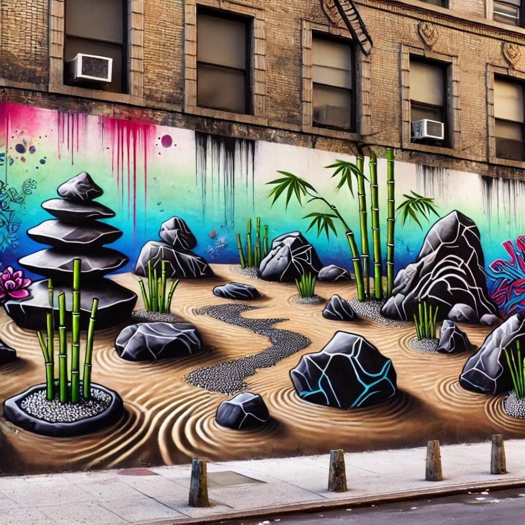 AI generated image of a zen rock garden painted in graffiti style on the side of a city building. This vibrant and colorful mural combines elements of a traditional zen garden, such as raked gravel, carefully placed rocks, and stylized bamboo plants, with the edgy and dynamic aesthetic of urban street art. The fusion of serene zen imagery with the raw texture of the building wall creates a striking contemporary piece that captures the essence of a Zen state of mind in a modern urban context.