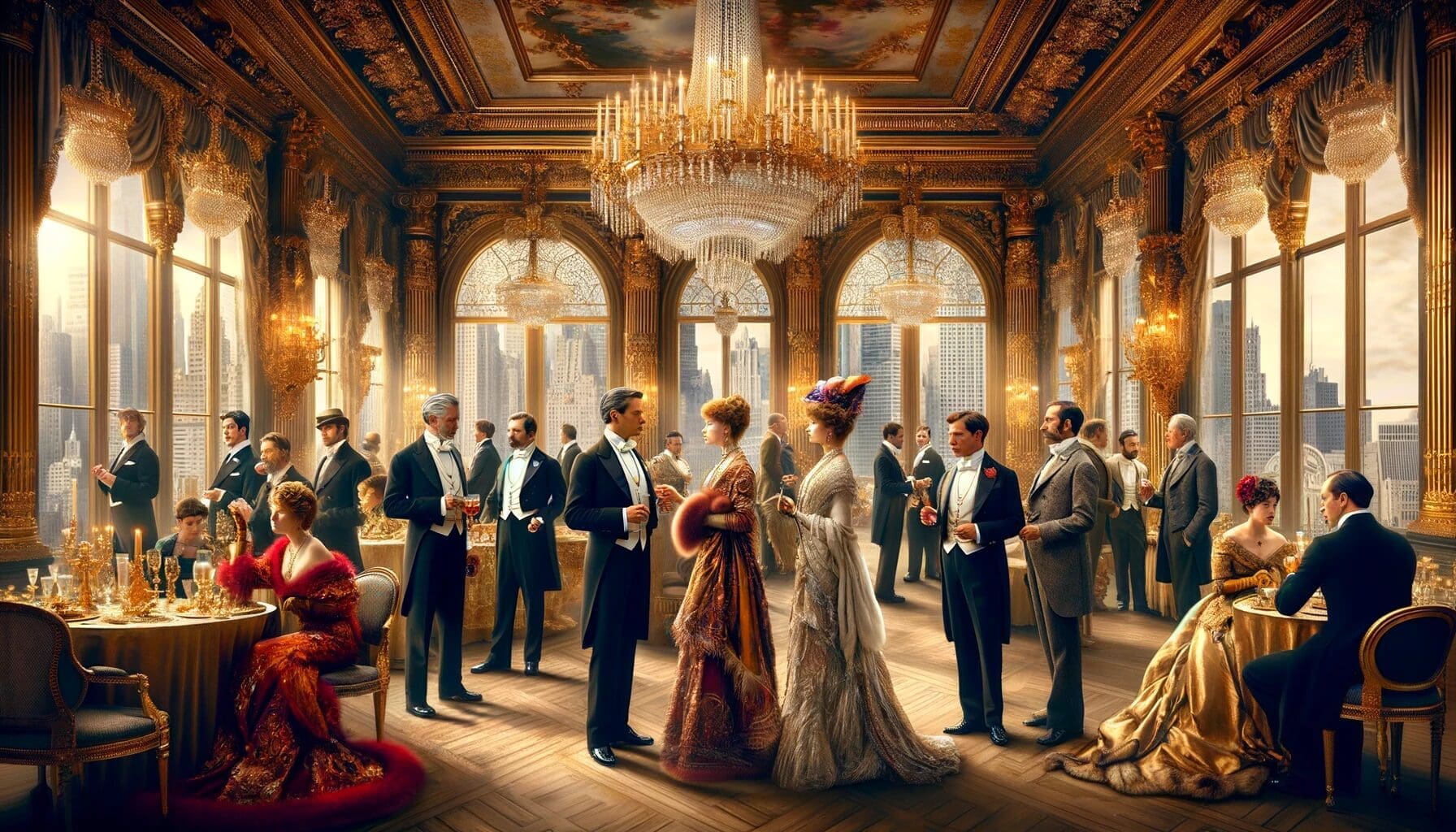 AI depiction of a high-society gathering in New York city during the gilded era. 