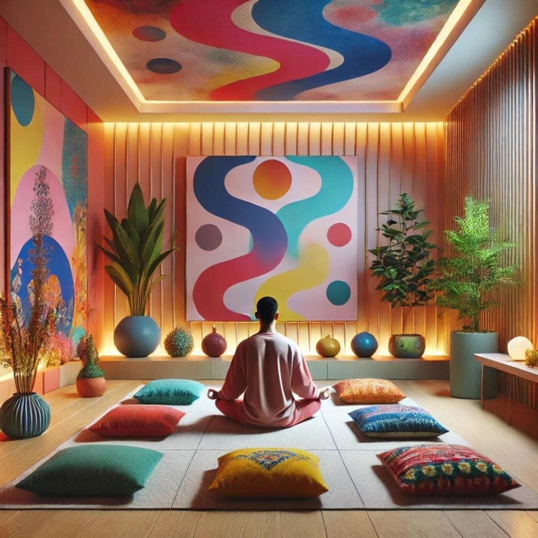 AI generated image of a modern, colorful meditation room with a person in seated meditation. The room features vibrant walls with abstract art, colorful cushions, and a variety of plants. The person meditating is in a comfortable posture, with a serene expression, surrounded by elements that blend contemporary design with a calming, spiritual atmosphere to achieve a zen state of mind. 