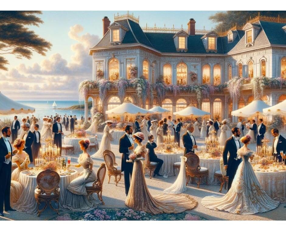 AI depiction of a high-society party in Newport, New York during the gilded era. 