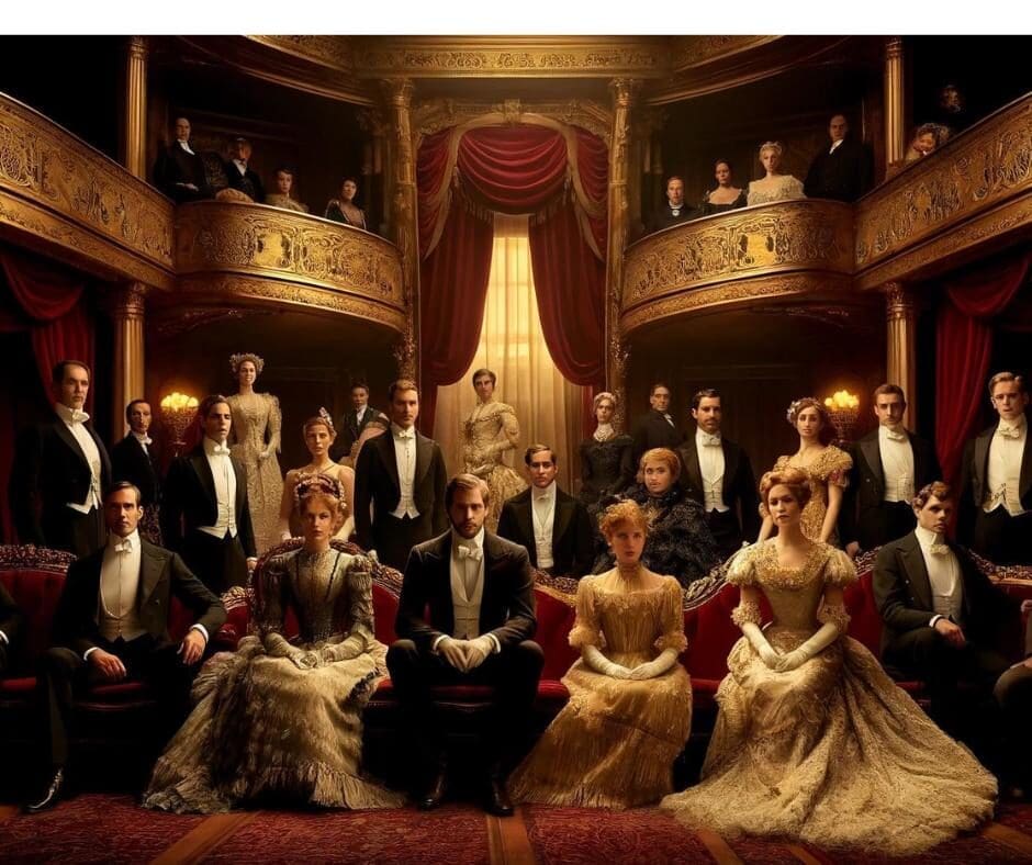 AI depiction of members of elite society gathered at an opera house during the gilded age. 