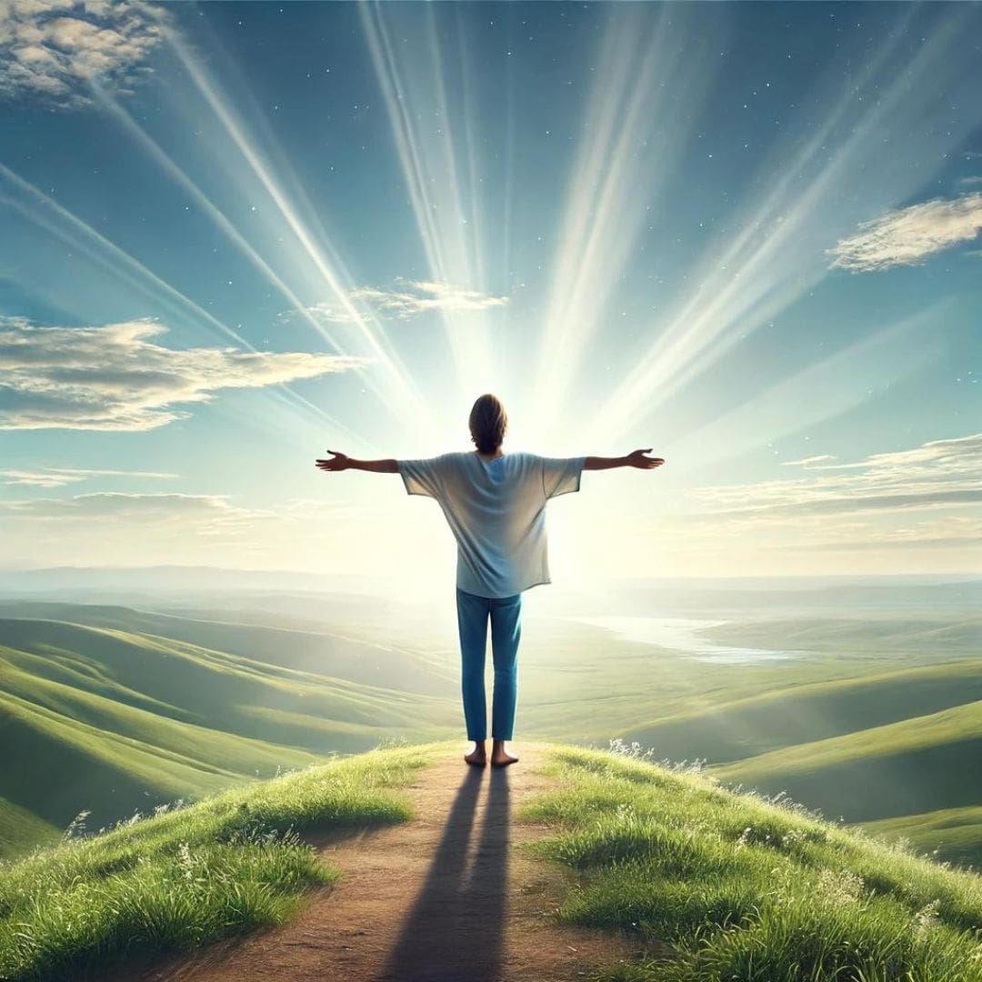 AI image of a person set against a clear, bright daytime sky with soft clouds. The individual stands on a hilltop with arms outstretched, eyes closed, and a peaceful smile, surrounded by light beams and rolling green hills and calm blue horizon in the background.