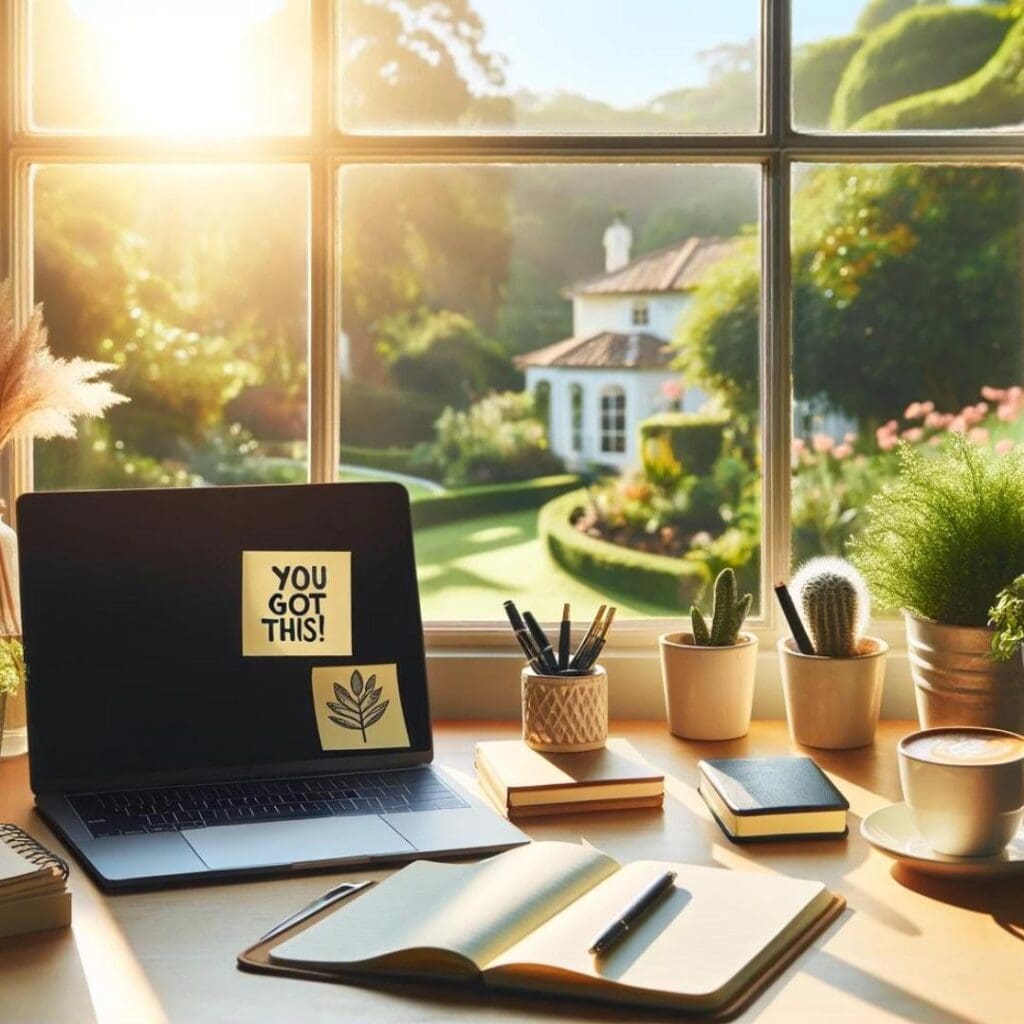 AI image of a desk in front of a window with a laptop screen open and motivational words on post-it notes stuck to it. One post-it  note says "you got this" depicting reading motivational Wednesdays quotes 