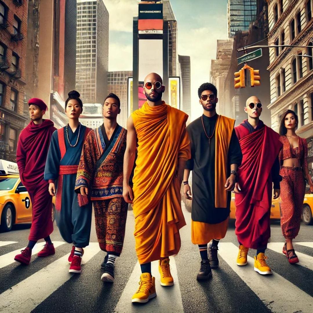 AI-generated image featuring a diverse group of modern monks, including both men and women of varied ethnicities, walking through the busy streets of New York City. They are wearing brightly colored robes and outfits that reflect a blend of traditional monk attire with contemporary streetwear elements like sneakers, sunglasses, and stylish accessories.