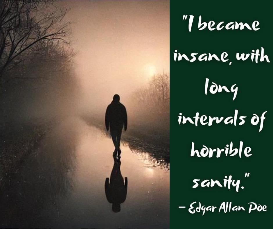 AI-image of a shadowy figure walking alone in the rain down a dark wooded path, and a sad quote by Edgar Allen Poe that reads "I became insane, with long intervals of horrible sanity."