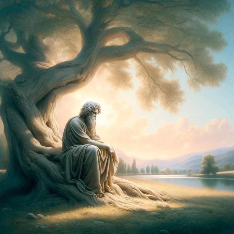 An AI generated image of an artistic and serene depiction of a philosopher in a natural setting, designed to evoke a sense of wisdom and tranquility.