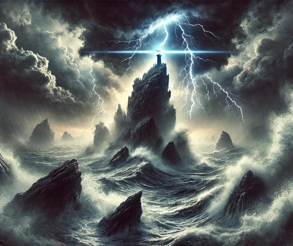 AI-image of sharp rocks jutting out from a stormy sea, with a giant rock in the middle and atop it a lighthouse giving off light amidst a lightening storm. 