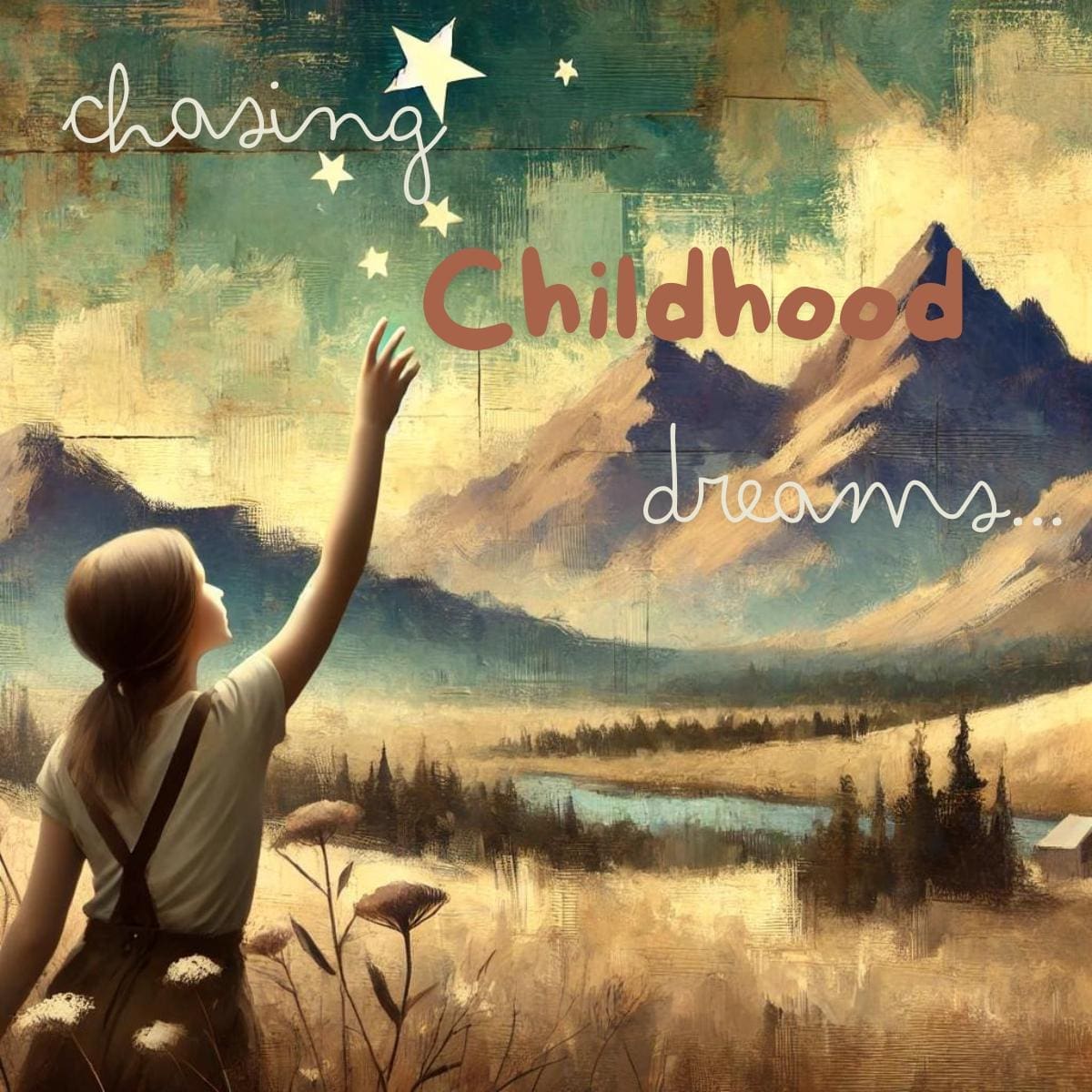 An AI generated image of a young girl reaching for the stars in a Montana-like landscape with mountains, capturing the essence of following childhood dreams in a realistic artistic style.