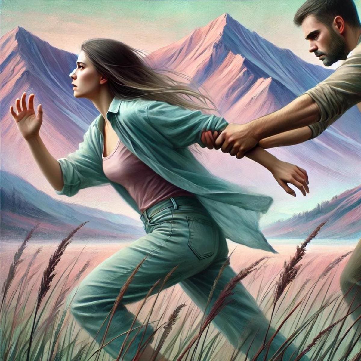 An AI-generated image of a woman trying to run toward mountains in the distance while a man holds onto her arm, with clear facial expressions showing a struggle for freedom. A domestic violence survivor shares her story.