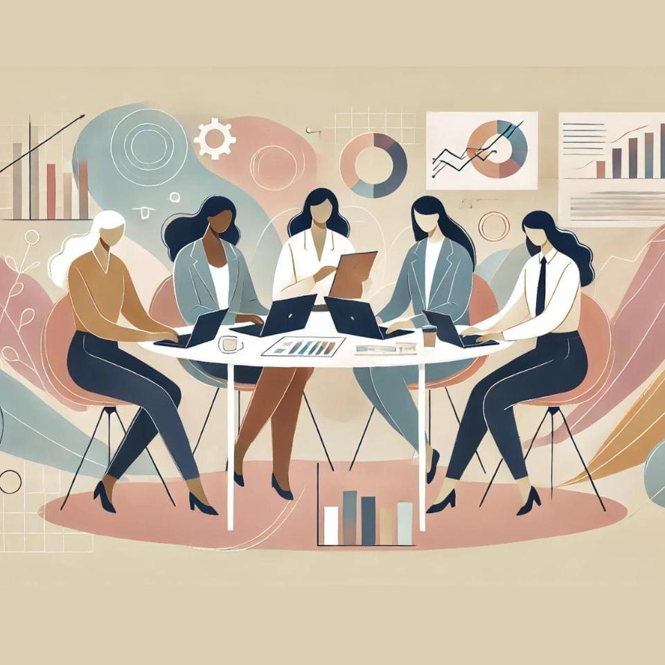 An AI generated image of female entrepreneurs in a business setting with a soft natural color palette. This image showcases diverse women working together, emphasizing collaboration and empowerment.