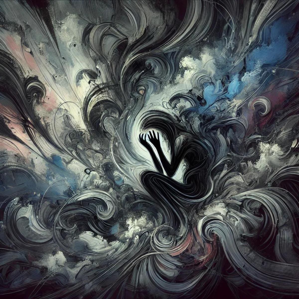 An AI-generated image of a woman caught in a shame spiral. There are swirls of dark colors and an artistic figure of a woman with her head in her hands. It aims to capture the overwhelming nature of shame and the struggle for self-acceptance and healing amidst dark emotions.